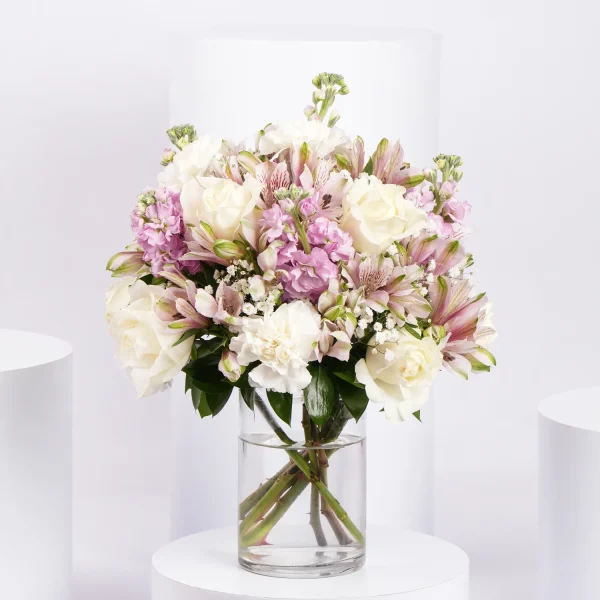 Pink and White Floral Bunch In Glass Vase