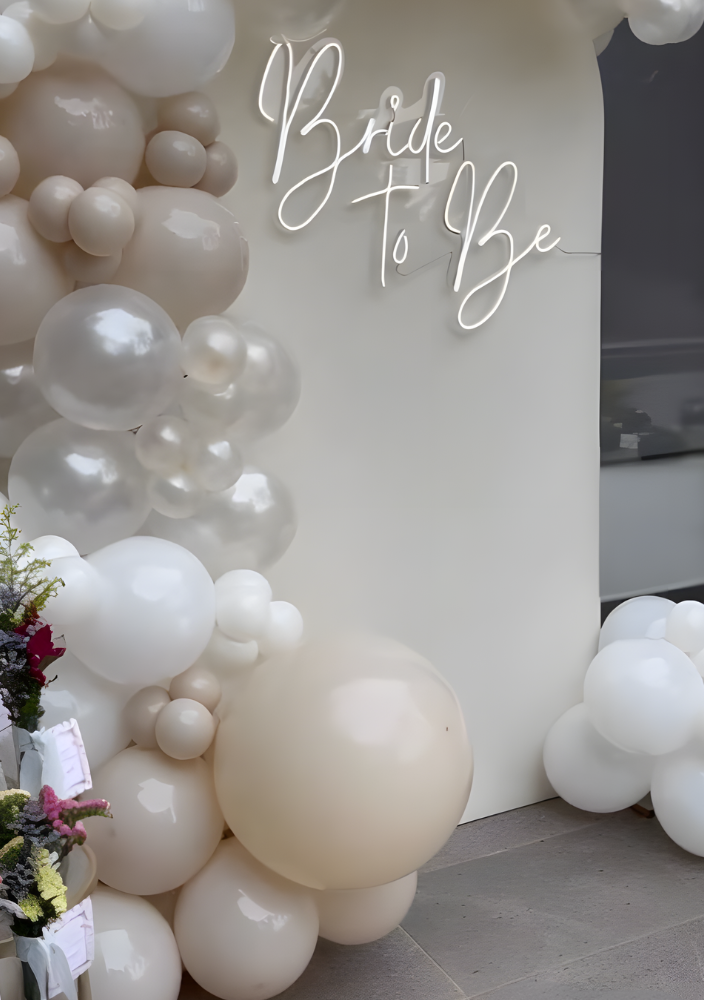 Bridal balloon arch overlooking Palm Jumeirah beach