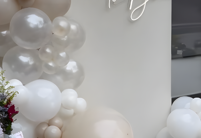 Bridal balloon arch overlooking Palm Jumeirah beach
